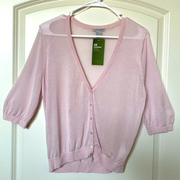 NWT H&M Conscious Fine-knit Cardigan Womens L pink cropped Ballet Core Sheer - Picture 1 of 7